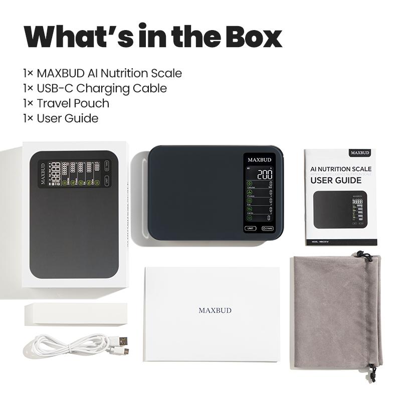 MAXBUD AI Nutrition Scale with APP Function, Food Ai Scanning for 19 Nutrients, Rechargeable Glass Design for Fitness & Travel, Food Nutritional Scale
