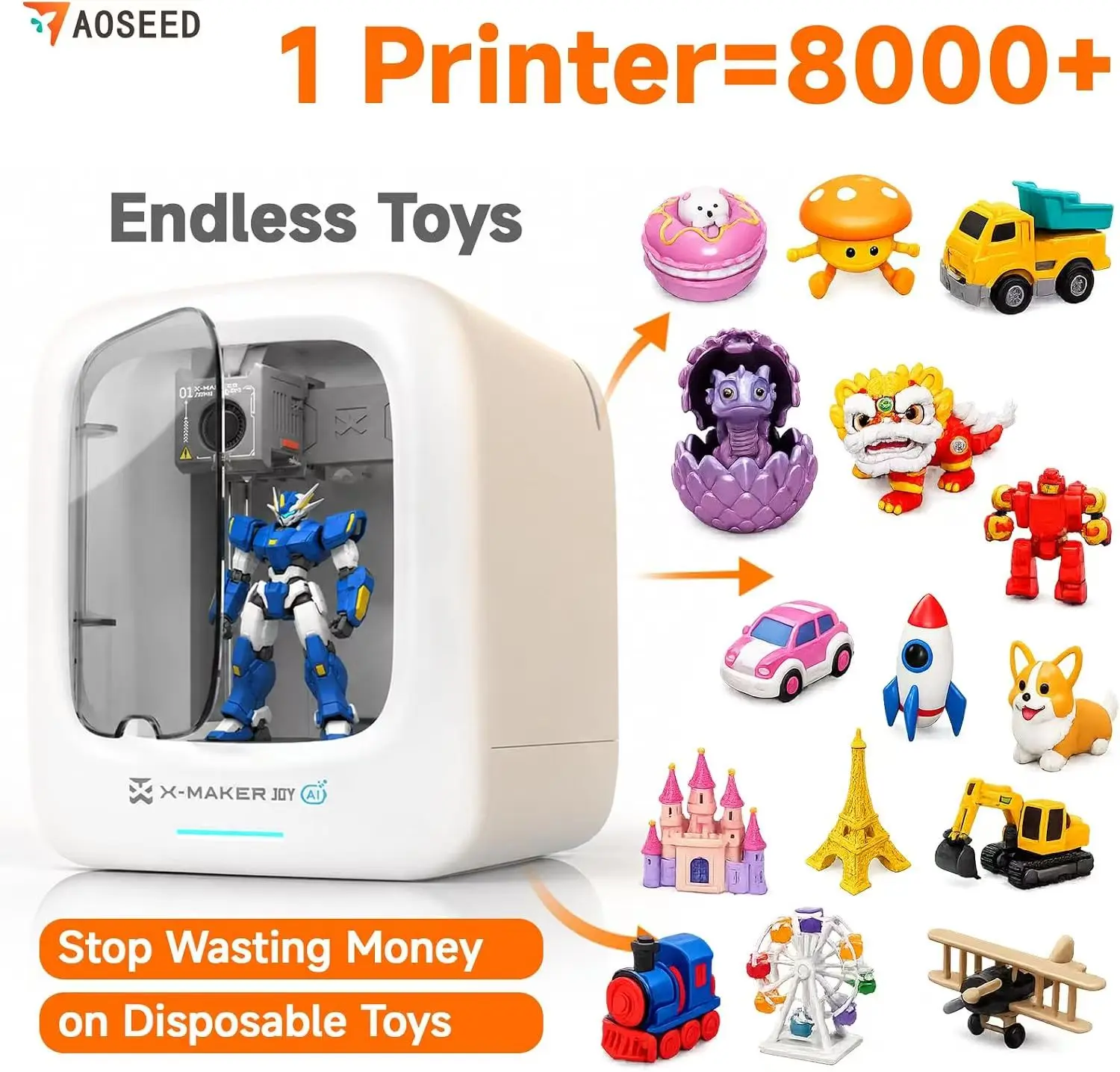 X-MAKER JOY AI+ 3D Printer for Kids, Fully Assembled Easy-to-Use High-Speed 3D Printer, 4/8 Available PLA Filaments, 8000+ Models, 20+ Toy Design Apps & 17+ Family Modules, toolupgrade