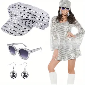 3pcs Retro Party Costume Accessories Set - Sequin Beret Hat, Glasses, Earrings, for 1970s Vintage Disco Party, Costume Accessories