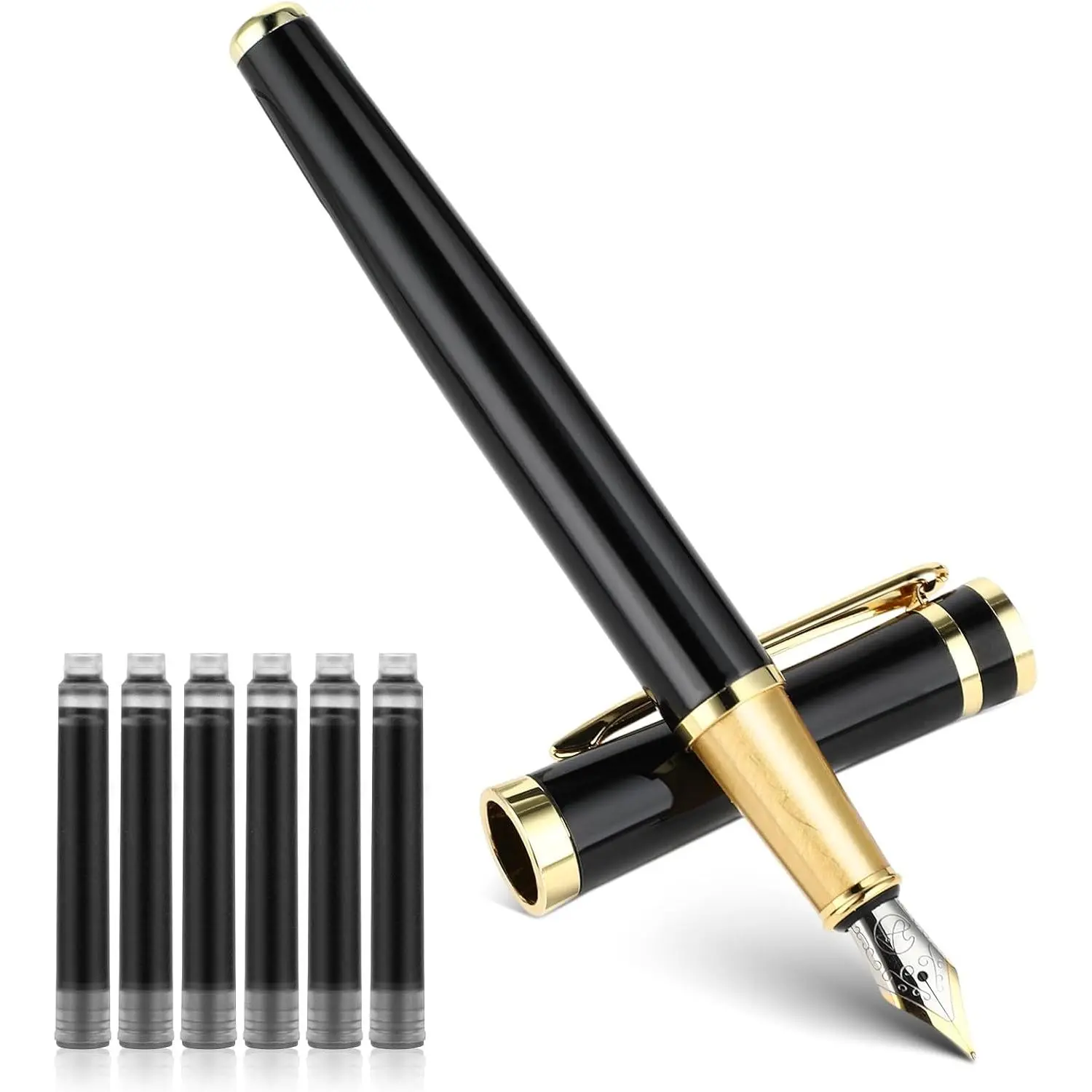 Luxury Metal Fountain Pen Set, 0.5 mm Fine Nib Fountain Pen with 6 count 2.6mm Black Ink Cartridges Smooth Writing Pen  for Men Women Business Office Journaling