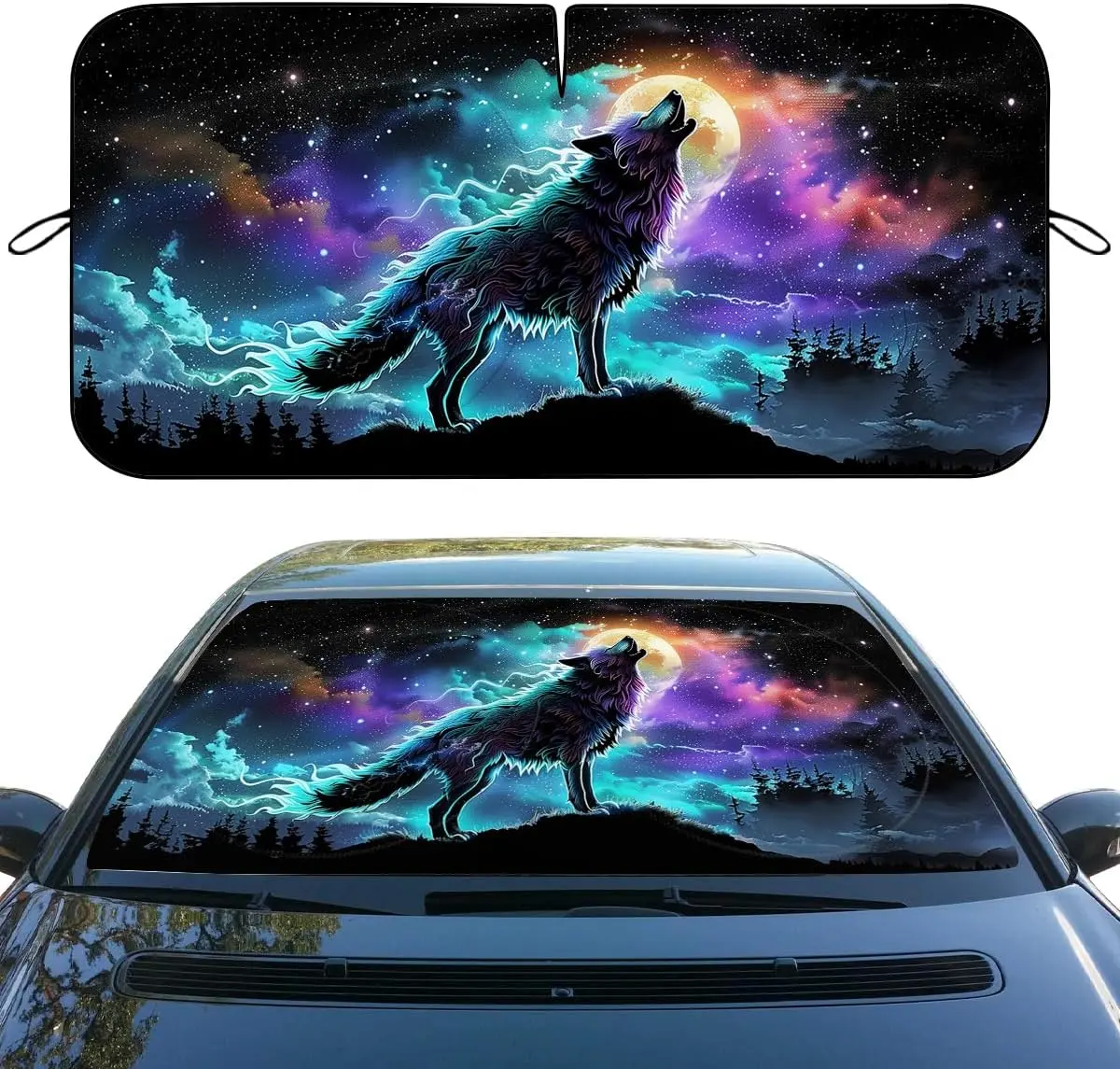 Howling Wolf Patterned Synthetic Windshield Sunshade - Psychedelic Art Full Moon Design, Enhanced Aesthetics, UV Ray Blocking, Folds Easily, Convenient Storage, Automotive Driving Accessory for Sedans, SUVs (59x31.5 in)