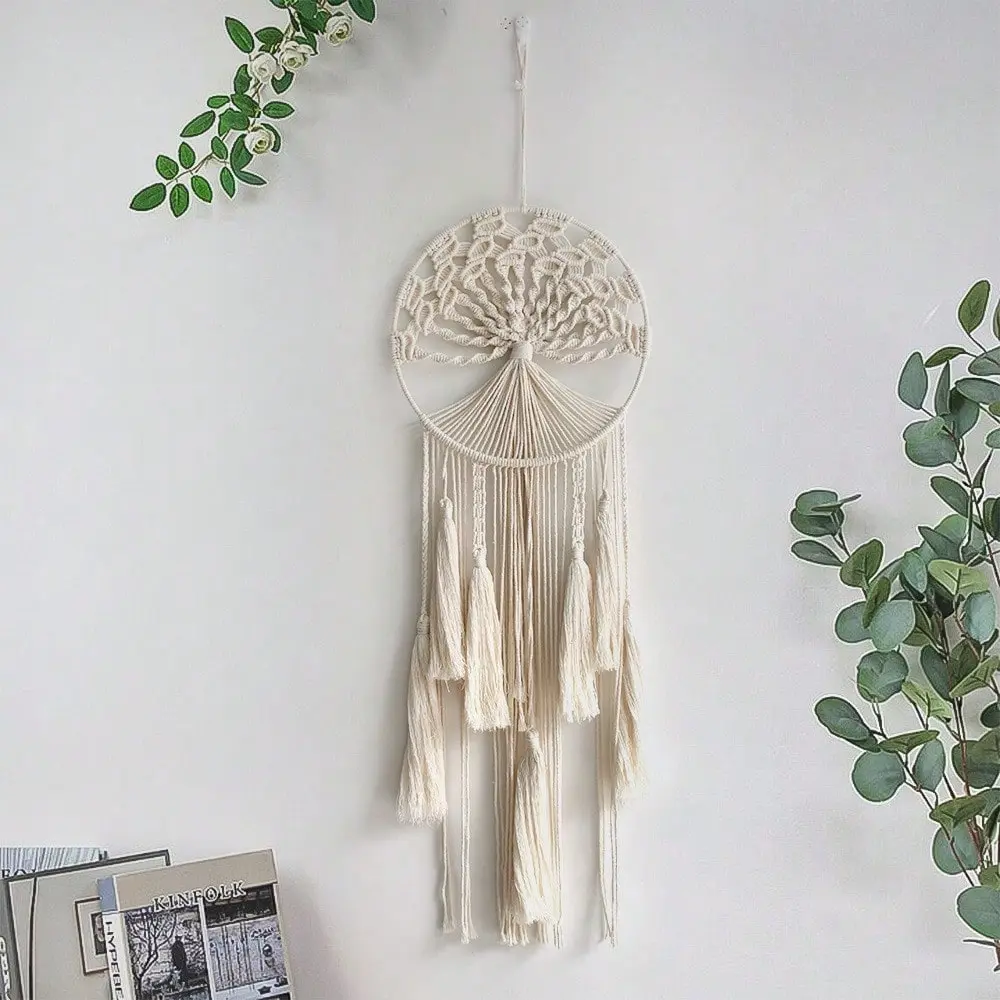 Hangable Macrame Dream Catcher Wall Hanging - Boho Large Green Tree of Life Ornament, Handmade Tassel Feather Decor, Natural Cotton Fringe Pouch, Modern Chic Bedroom Living Room Decor for Women, Juneteenth Accent, Gift, Canada Day