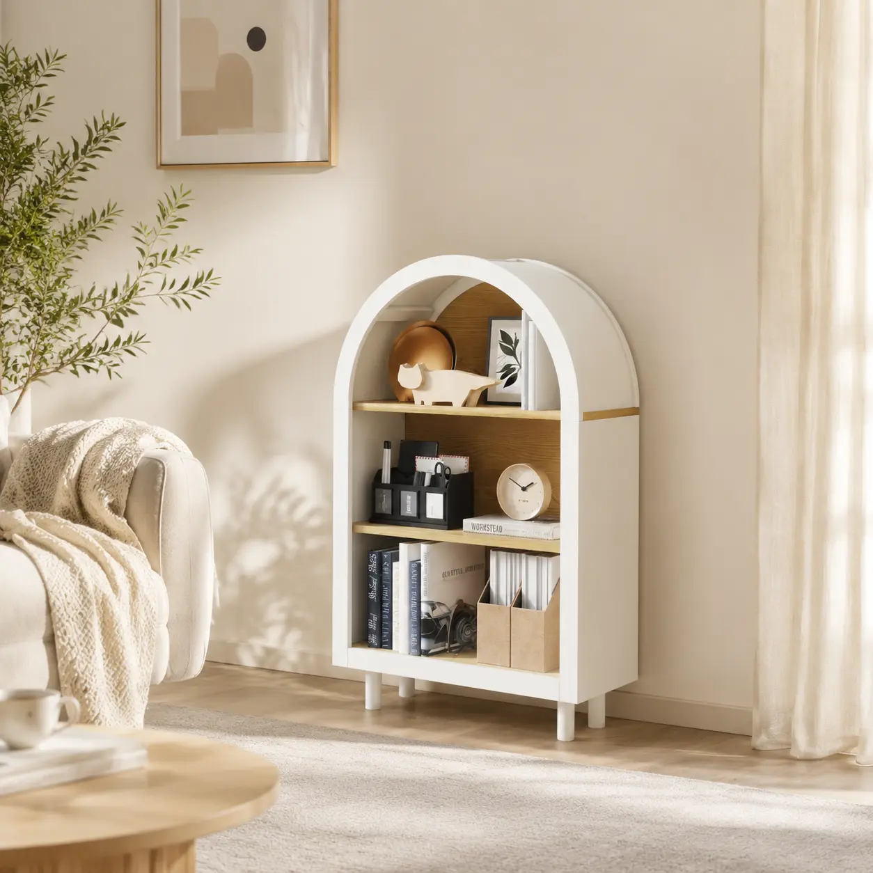 littleox Arched Small Bookcase Wooden Modern Arched Top Bookshelf with 3 Shelves White Woodgrain 3 Tier Storage Shelf Arched Storage Cabinet for Living Room Bedroom Entryway