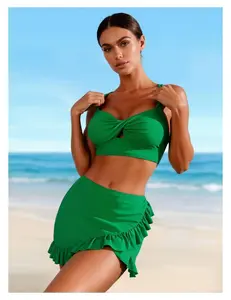 Green Swimsuit for Women Three Piece - Crop Top, Open Back Skirtini Set - Solid Color Bathing Suit Outfit for Teens & Women - Swimsuits for Vacation, Beach, Pool
