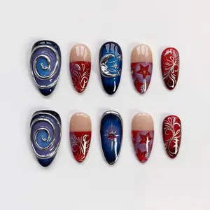 Whimsy Winter Starburst Nails/Silver Chrome Swirl Nails/Gothic Press On Nails Long Almond Nails/Retro Dark Blue Nails/Burgundy nails Custom BWM8B1