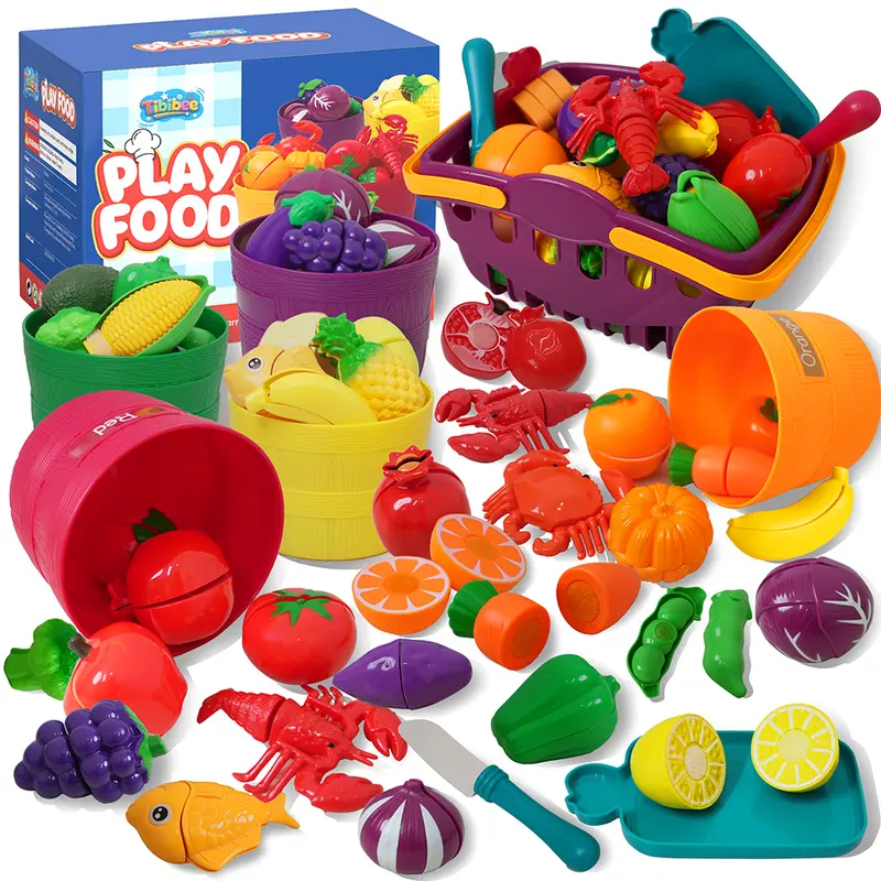 TIBIBEE Battery-Free Play Food Set, Pretend Playset for Boys/Girls - Child-Safe Cutting Food Toys, Back to School Educational Gift (Sohochic)