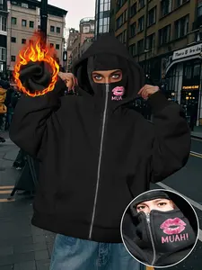 Women's Fall Winter Masked Hoodie, Funny Lip Print Loose Casual Hooded Sweatshirt, Comfortable Fit, Fashionable Sportswear