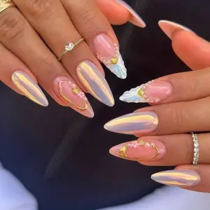Handmade Press On Nails Set 10PCS – Pearl Seashell Acrylic Nails, Glossy Gel Design, Cute Nail Box, Trendy Birthday Gift For Her