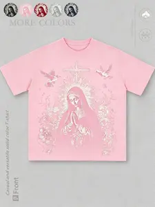 Unisex, Baggy, streetwear style, 100% cotton casual short-sleeved T-shirt, features a design of the Virgin Mary, round neckline, comfortable cotton fabric, suitable for everyday wear, Y2K rock, hip-hop, fashion, individuality, casual