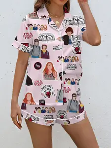 2 Piece Netflix Stranger Things Print Women's Pajama Set, Soft Long Sleeve Button-Up Top and Loose Elastic Pants, Casual Homewear for All Seasons Shorts Pj Set