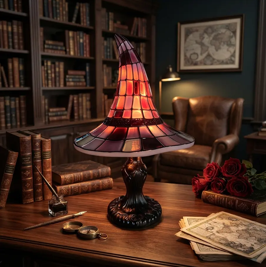 Witch Hat Table Lamp, Vintage Retro Desktop Nightstand Light with Stained Glass Shade, Spooky Cute Desk Ornament for Bedroom Living Room Office, Dark Academia Aesthetic Decor, Perfect Halloween & Fantasy Gift