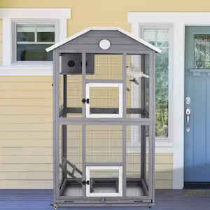 Petscosset Outdoor Bird Cage Large with Wheels, Wooden Flight Aviary with Perches, Nest Habitat, and Easy-Clean Pull Out Tray for Parakeets, Macaws, and More Birds