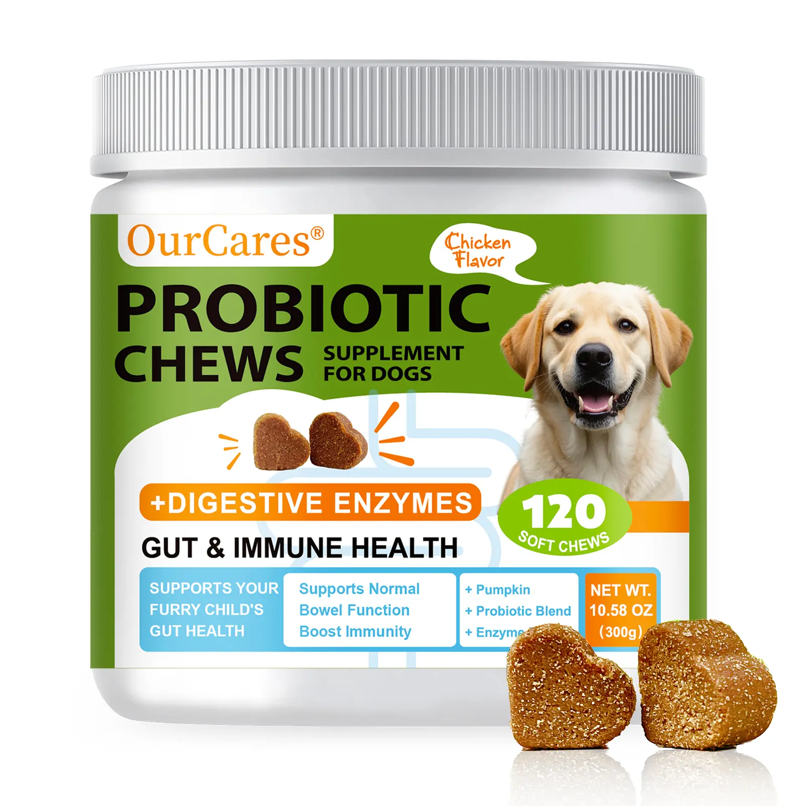 OurCares Dog probiotic chewable tablets, daily chewable tablets for dog intestinal and immune health, soft chewable pet snacks for relieving dog intestinal discomfort