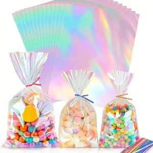Transparent Glass Paper Gift Bags, Reusable Plastic Packaging, Holographic Finish, Versatile Use, Transparent Design, Suitable for Mugs, Desserts, Biscuits, Candies, Snacks, Birthday Gifts