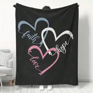 Plush Black Blanket with Faith, Hope, Love Heart Motifs – Warm & Stylish Home Decor Throw