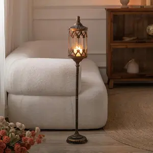 Floor Candelabra - 37.1" Tall Antique  Candle Holder with Glass Lantern, Rustic Gothic Metal Pillar Stand for  Decor, Wedding & Event Centerpiece