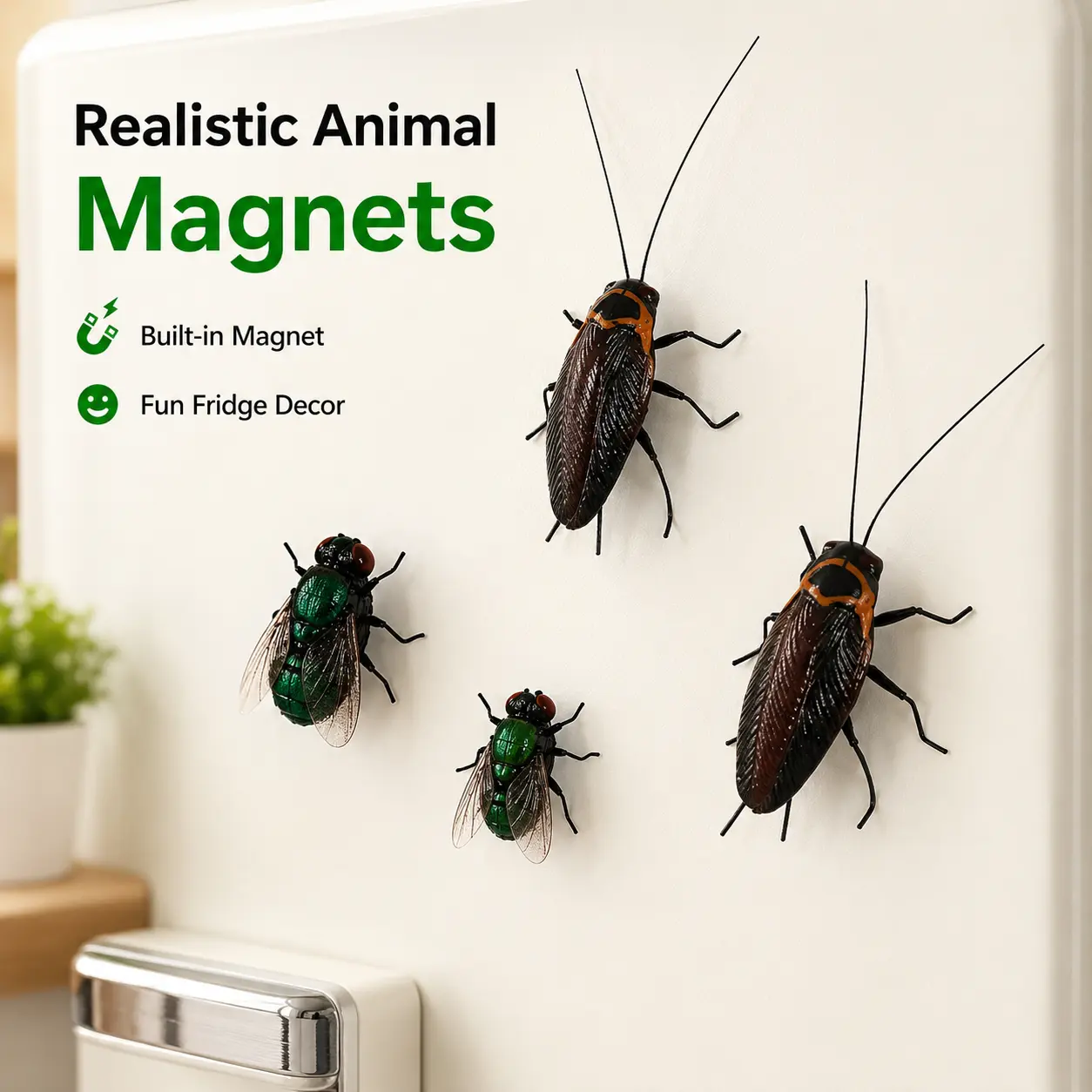 Fridge Magnet - Realistic Insect Cockroach Wasp Fly Magnet with Strong Neodymium Magnet, Poseable Wire Legs Fake Bug Prank Toy for Kitchen Fridge, Office Board & Party Decor, Funny Gag Gift for Adults & Friends