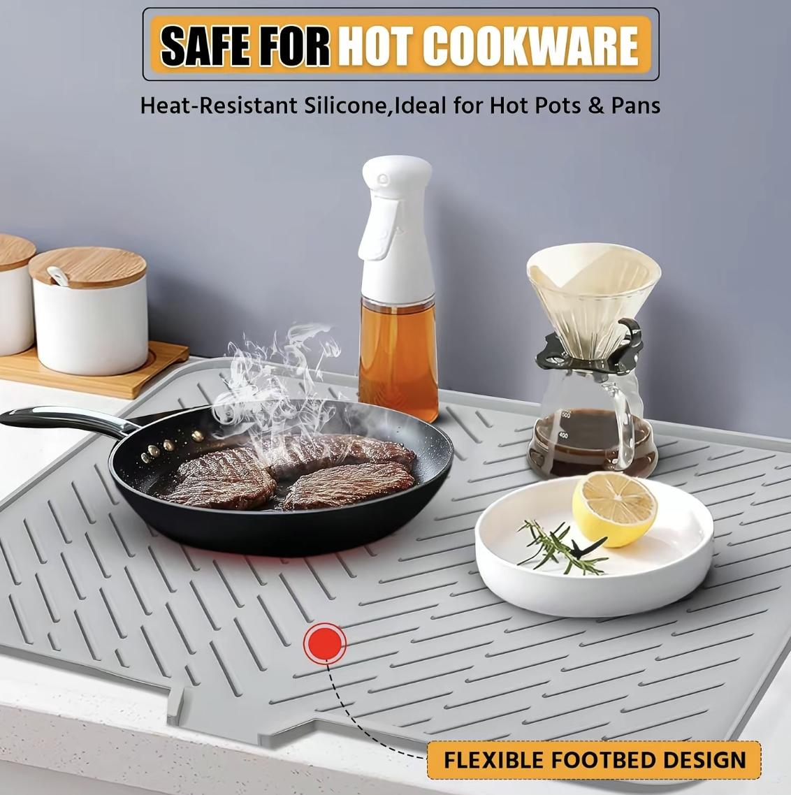 Silicone Dish Drying Mat 23 X 17 Greywith Built-in Drain Lip Hygienic Sturdy CompactEasy to Clean Tray Protects Surfaces PreventsWater Build Up