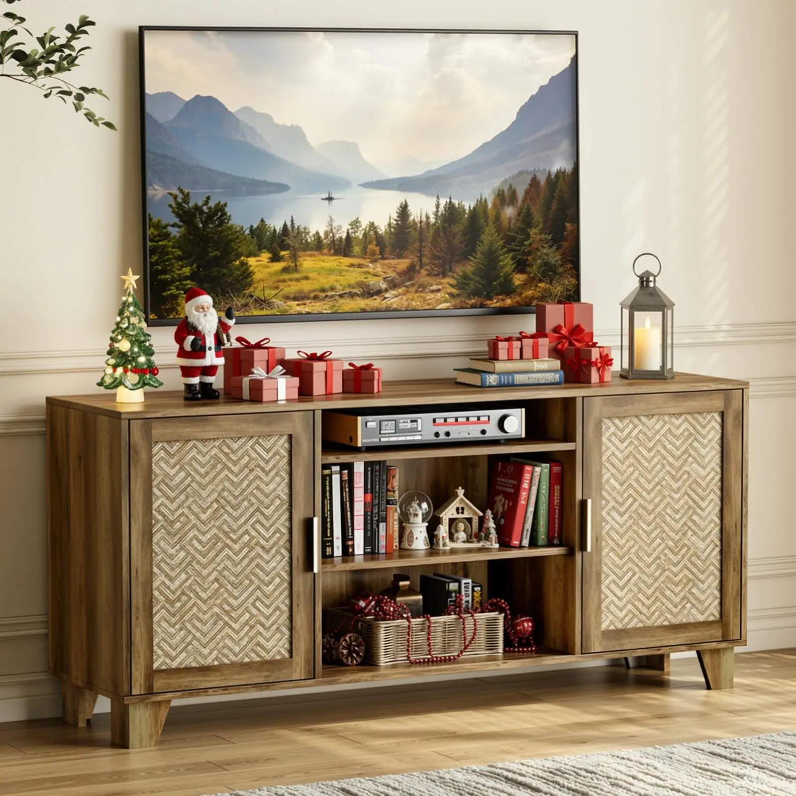 【DealsforYou】ONBRILL TV Stand for 65 Inch TVs, Boho TV Consoles Cabinet with Power Outlet, Modern Entertainment Center for Living Room, Media Console with Doors and Shelves, 2 Cable Management Holes