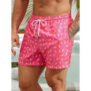 Men's Summer Banana Print Shorts, High Saturation Bright Color Beach Pants, Elastic Waist Drawstring Design, Breathable Fabric