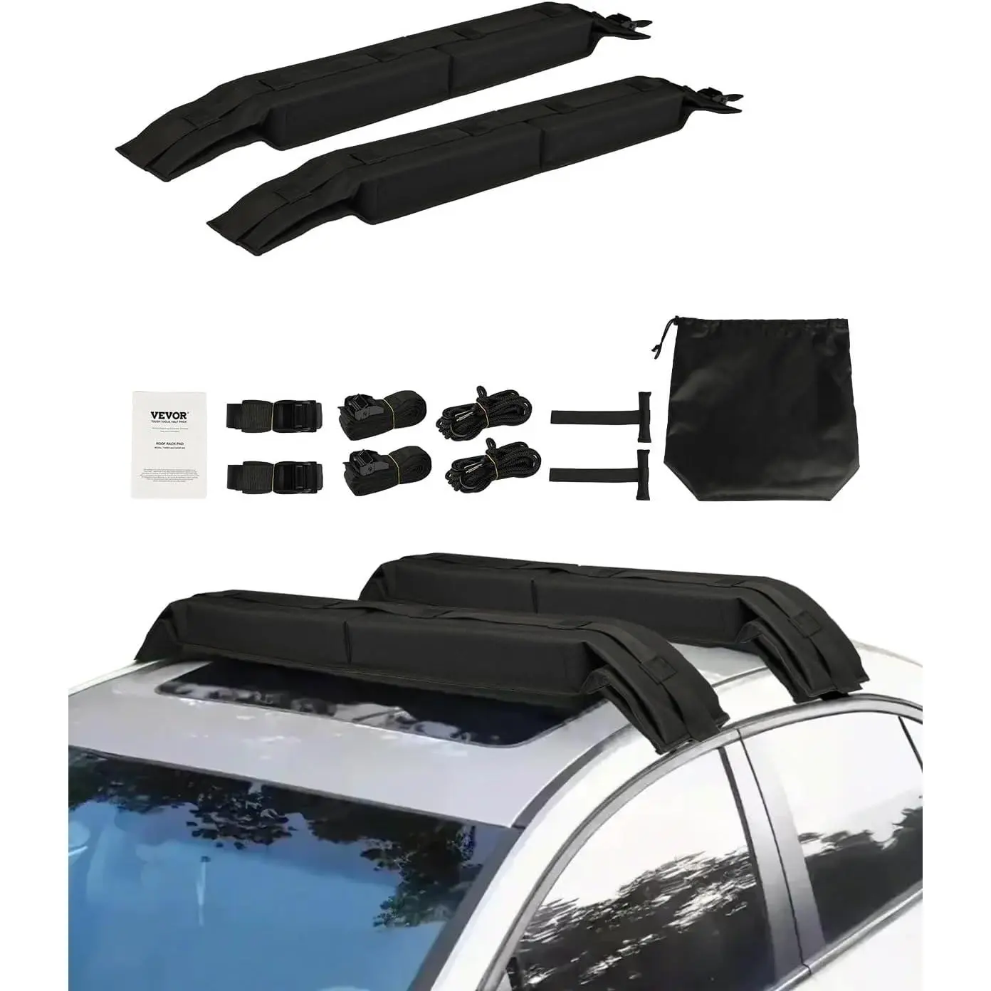 VEVOR Soft Roof Rack Pads, 31.5" Universal Car Roof Rack Pad, 176LBS Load Capacity Surfboard Rack for Car with 4 Tie-Down Straps, 2 Quick Loop Straps & Storage Bag for SUP Canoe Snowboard Paddle Board