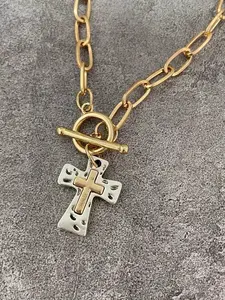 1PC Retro Boho Cross Pendant Necklace Chunky Statement Pendant Necklace For Women Unique Silvery Golden Chain Necklace Religious Christian Cross Daily Party Jewelry Gift For Her - BlueStar