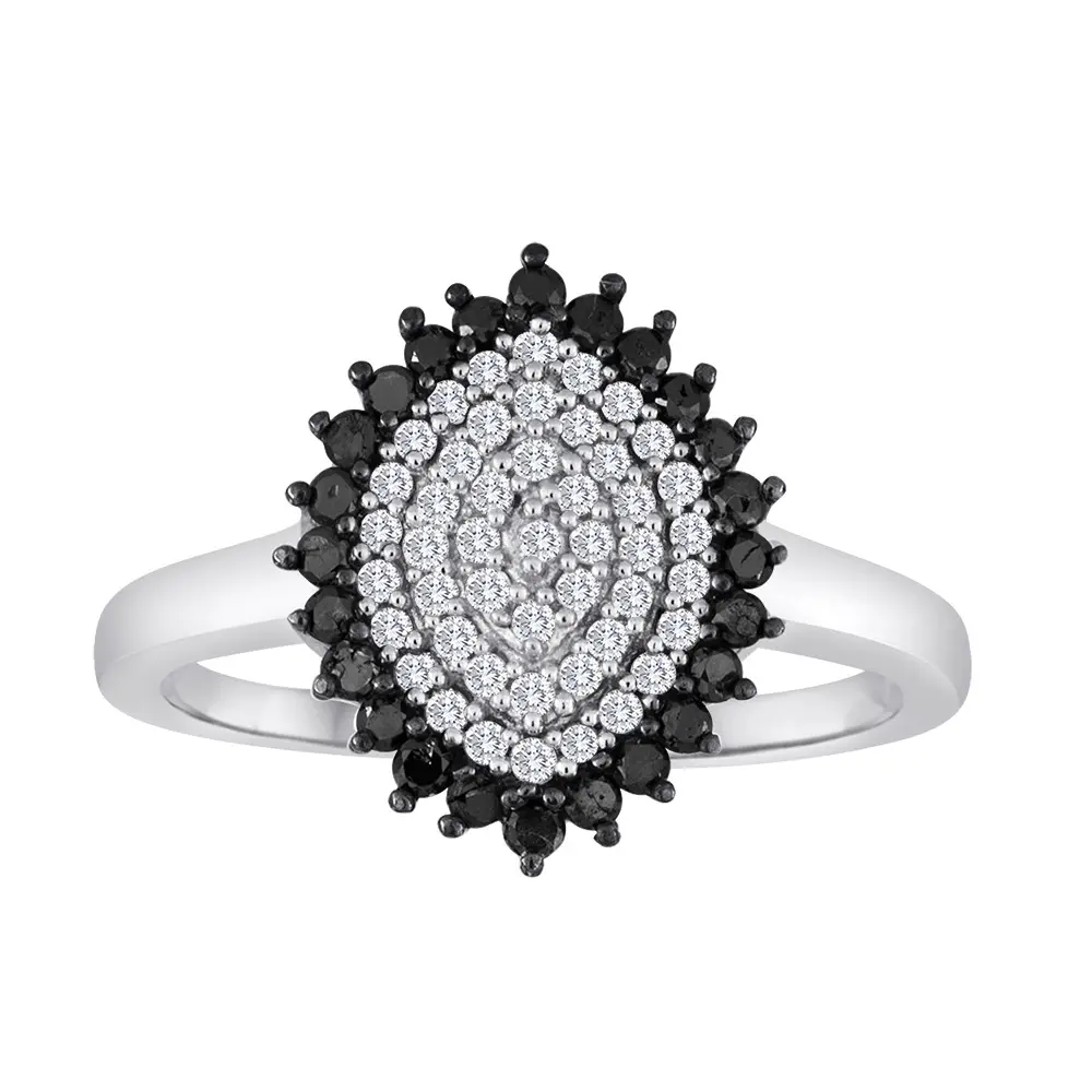 Sterling Silver Black & White Natural Diamond Cluster Ring 0.50 Ct