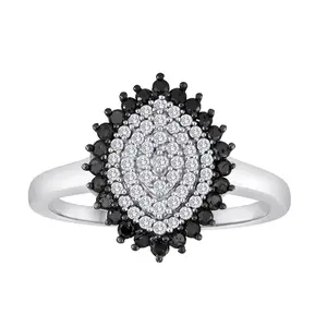 Sterling Silver Black & White Natural Diamond Cluster Ring 0.50 Ct