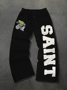 Men's Casual Sporty Long Pants, Saint & Cross Pattern Print, Drawstring Wide Leg, Loose Fit, All Seasons Wear, Men's Fashion