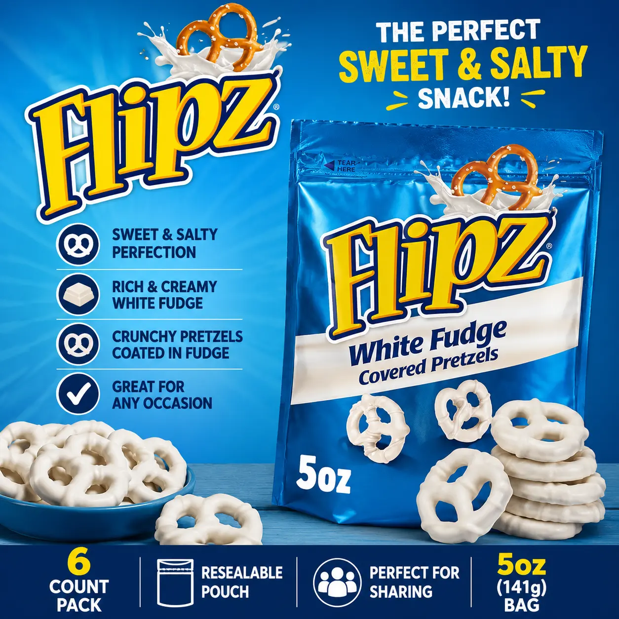 Flipz White Fudge Covered Pretzels 5 oz 6 Count Sweet and Salty Crunchy Pretzel Snacks