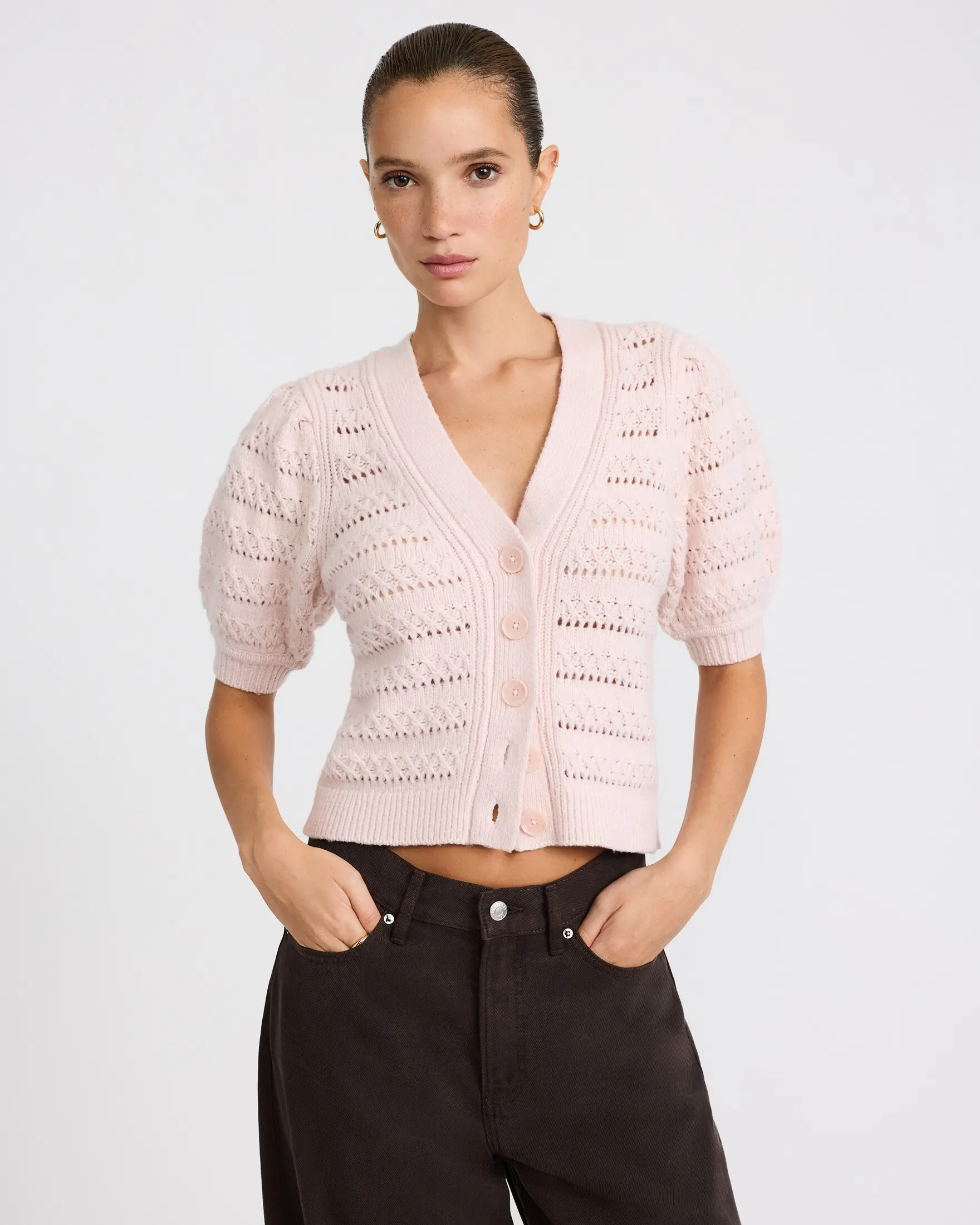 Express Pointelle V-Neck Puff Sleeve Cardigan