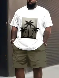 Men's Plus Size 3D Palm Tree Print Tropical Beach Set, Ultra-Size Casual Short Sleeve T-Shirt & Matching Shorts, Breathable Polyester Blend