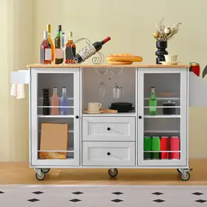 Kitchen Island Cart Rolling On Wheels with 13 Storage Areas Drop Leaf Bar Countertop Side Open Condiment Rack Tower Rack Extra Storage Table Modern White