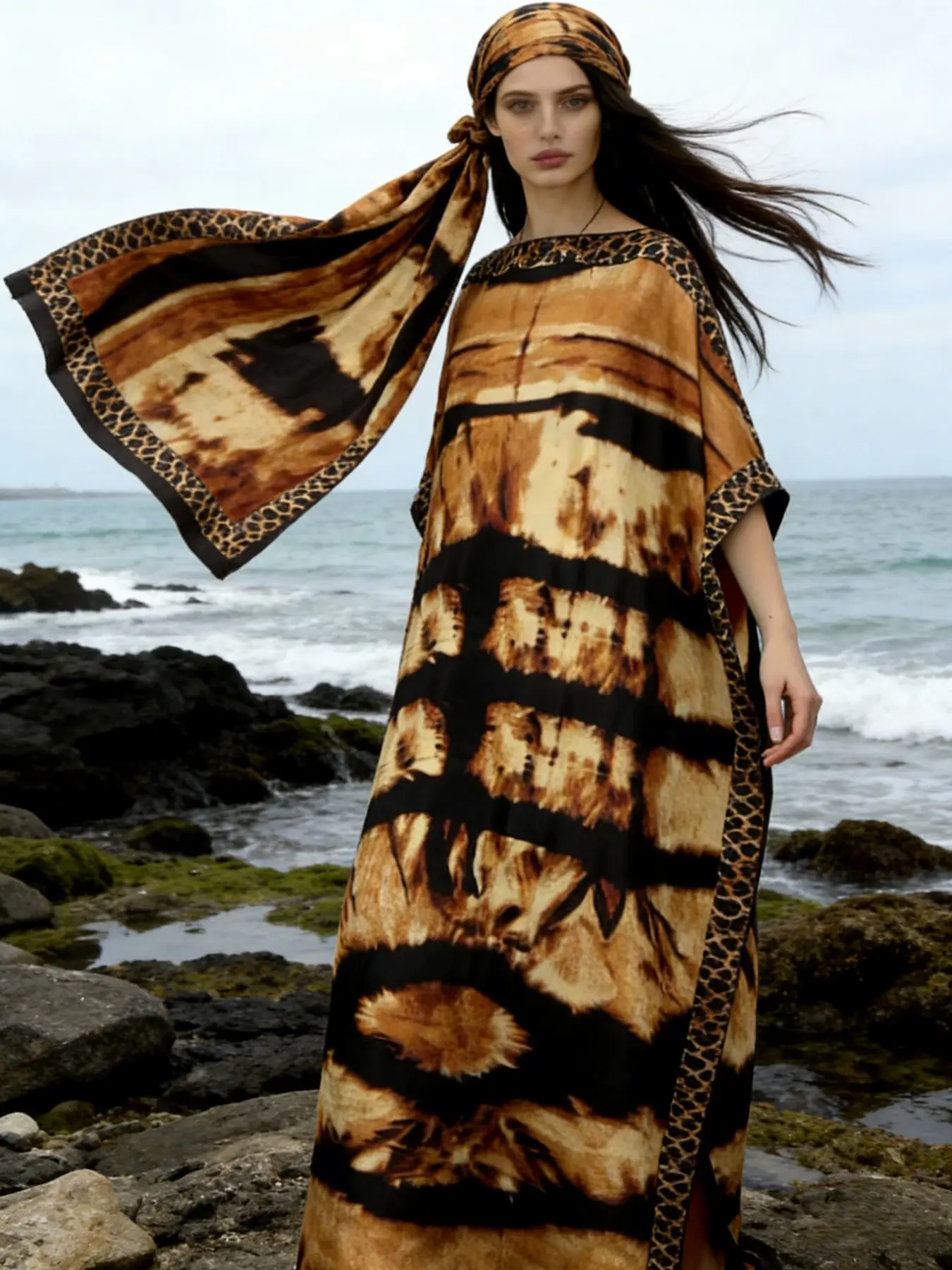 1dress+1scarf Viral Camel Tie-Dye Print Satin Kaftan Maxi Dress with Matching Scarf, Silky Loose Fit, Plus Size Friendly, Loungewear, Beach Cover Up & Evening Party Wear, Resort Fashion Piece, Summer, Boho Style Dress