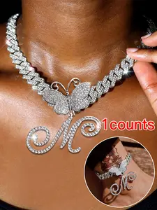 Fashion Letter Design Pendant Necklace & Cuban Link Anklet, Rhinestone Decorated Jewelry Set for Party, Daily Clothing Decor, Trendy All-match & Exquisite Jewelry for Birthday Gift, Glamour Set