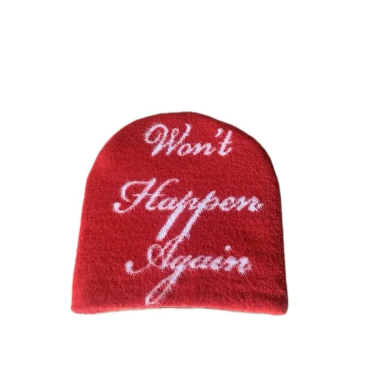 Won't Happen Again Mohair Beanies - Red, Decorative Design with "Won't Happen Again" Text