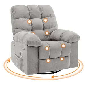 Oversized Grey 360° Swivel Rocking Recliner Single Sofa Chair - High-Resilience, Vibration Heat Massage, Quick Setup, Side Pockets, for Contemporary Home Decor Living Room, Bedroom