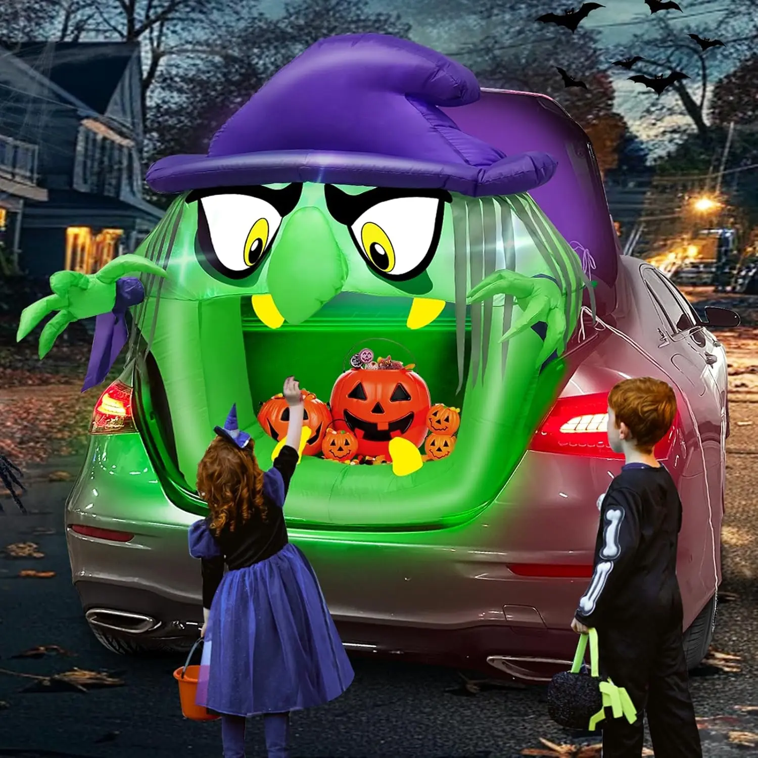 4 FT Halloween Inflatables Witch Outdoor Decoration, Trunk Or Treat Car Decoration with Built-in LEDs