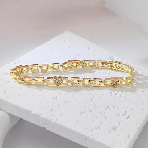 Women's 14K Gold Plated Modern Stackable Rectangle Link Bracelet - Dainty Paperclip Chain with Micro Pave CZ Heart Charms, Elegant Everyday Wear Jewelry, Gold Stacked Bracelets, Anniversary Gift
