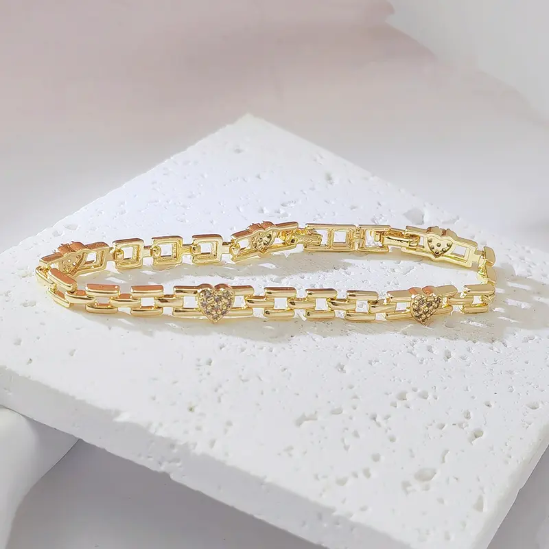 Women's 14K Gold Plated Modern Stackable Rectangle Link Bracelet - Dainty Paperclip Chain with Micro Pave CZ Heart Charms, Elegant Everyday Wear Jewelry, Gold Stacked Bracelets, Anniversary Gift