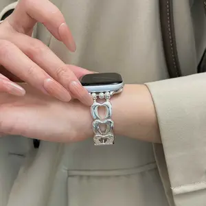 Elegant Silver Color Heart Cutout Adjustable Watch Band, Compatible with Apple Watch S10/9/8/7/6/5/4/3, Fits 49mm/46mm/44mm/42mm/40mm/38mm, Accessories