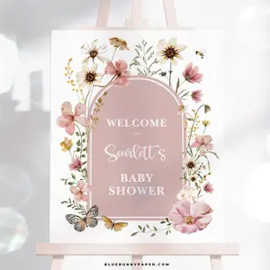 Editable Wildflower Baby Shower Welcome Sign, Pink Pastel Color Scheme Corjl Template, Printable JPEG & PDF, Floral Baby Shower Decor FLO32