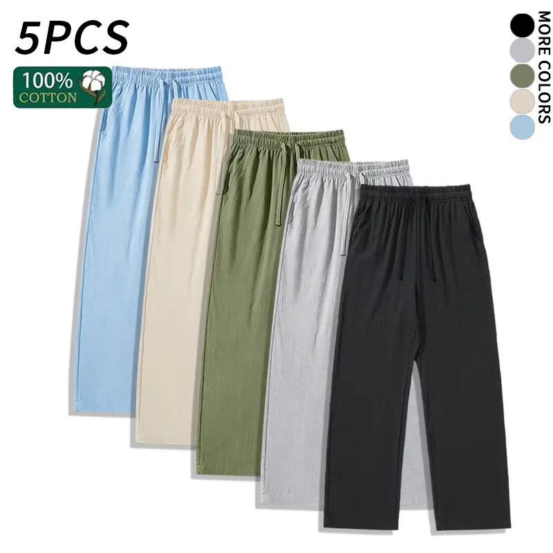5PCS Wide Leg Linen Pants for Men, Breathable Cotton Casual Drawstring Summer Pants.SummerVibes