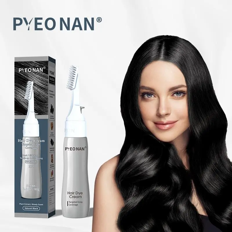 PYEONAN Hair Dye Cream Professional Comb, Natural Extracts for Gray Hair, Black or Dark Brown Easy to Dye Touch-up & Full Coverage Natural Hair Color Cream 2.8Oz./80g
