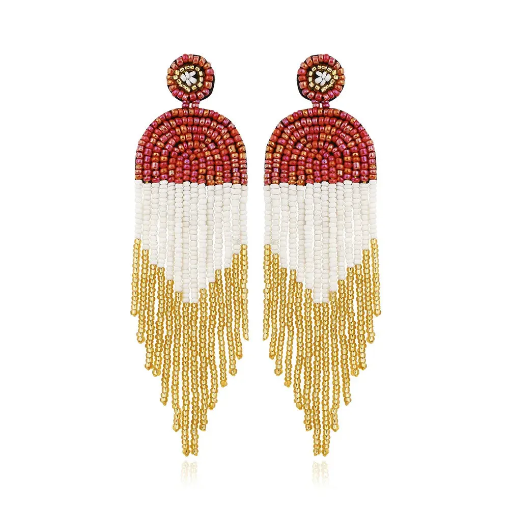 Kamaya Women's Dangle Drop Earrings - Rice Seed, Hand-Beaded Seed Bead Mix Costume Fashion Jewelry, Seed Bead Mix Earrings