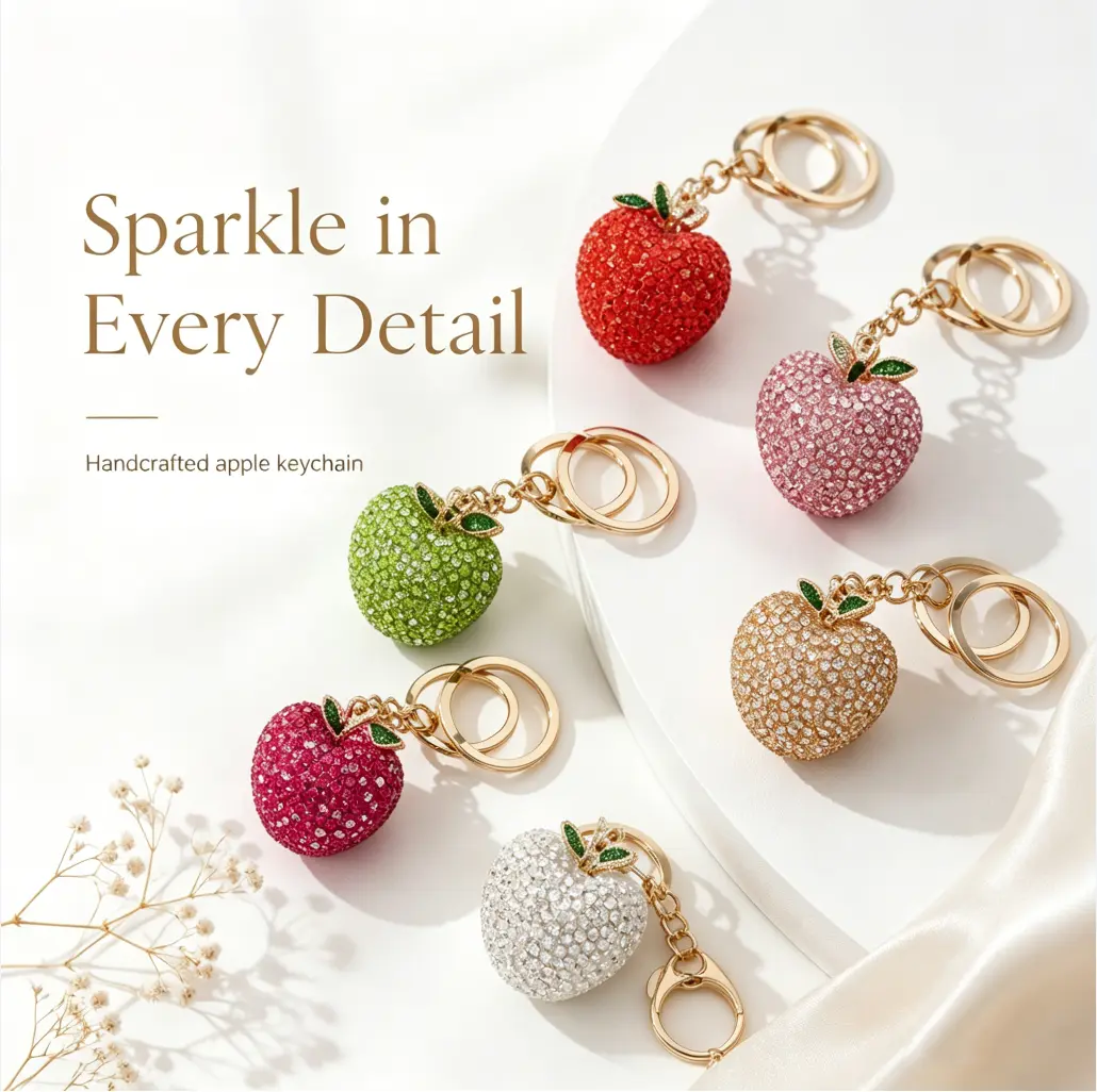 Handmade Rhinestone Apple Keychain, Keychain for Bags, Cute Casual Style, Perfect for Women and Kids, Bag Charm, Key Ring, Car Key Holder, Phone Chain, Holiday Gift