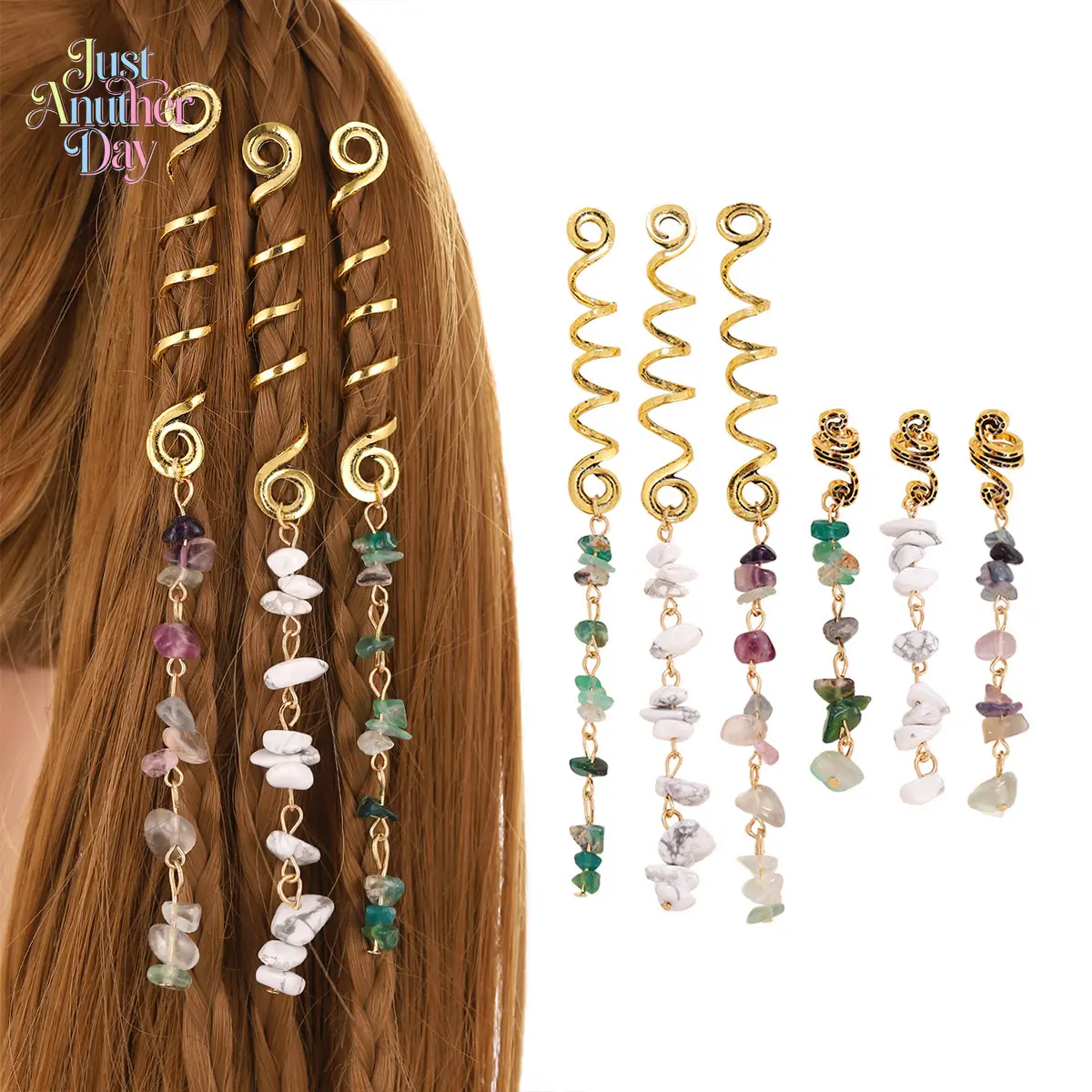 6pcs Natural Stone Hair Charms Set Gold Spiral Dreadlock Accessories with Crystal Pendants Perfect for Braids and Festival Hairstyles Great for Adding Boho Vibes to Your Everyday Look