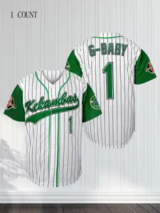 Men's Letter & Number Embroidery V Neck Embroidered Baseball Jersey, Loose Striped Print Short Sleeve Button Sports Top, Breathable Baseball Top for Outdoor Sports