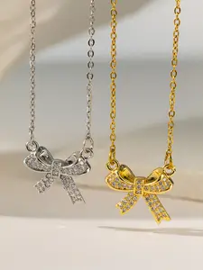 Stainless Steel Bow Necklace for Women, Fashionable Pendant Jewelry, Trendy Jewelry, Versatile Accessory, Must-Have Item for All Seasons