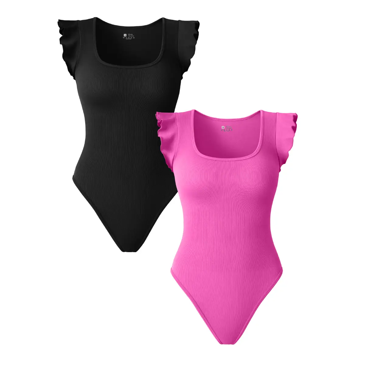 HYZ Women 2 Piece Bodysuits Sexy Ribbed Square Neck Ruffles Sleeve Stretch Fit Basic Tank Tops Bodysuits